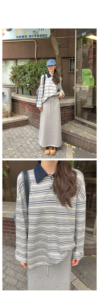 (2 colors) Striped collared T-shirt