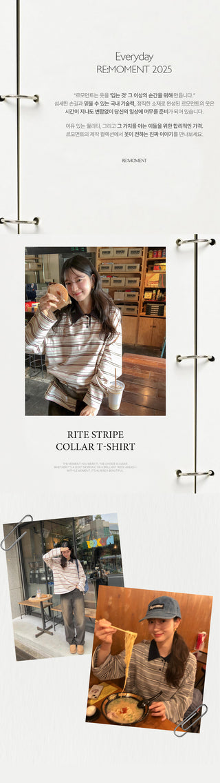 (2 colors) Striped collared T-shirt