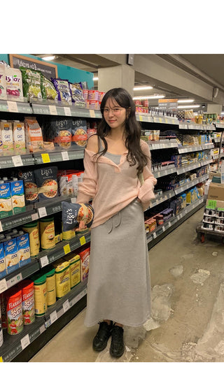 (2 colors) Elastic waist long skirt