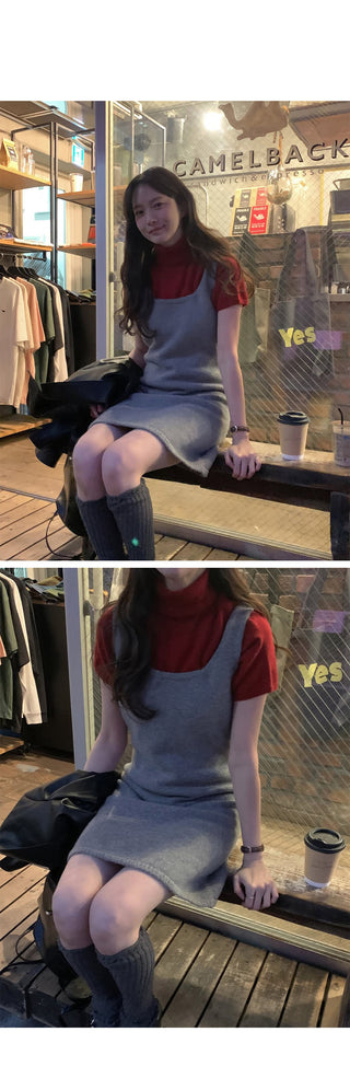 (4 colors) Short-sleeved turtleneck knit