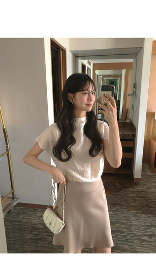 [4 colors] Mesh pleated blouse