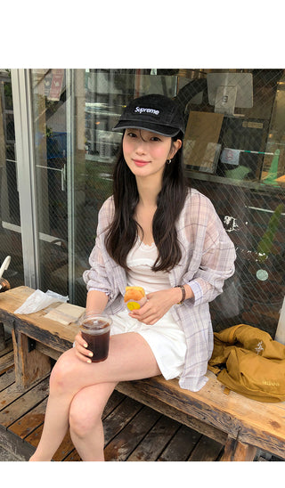 [2 colors] See-through check shirt