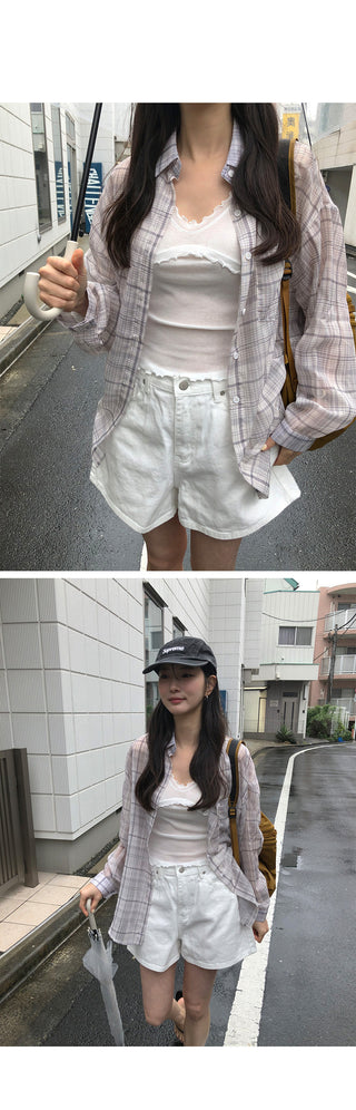 [2 colors] See-through check shirt