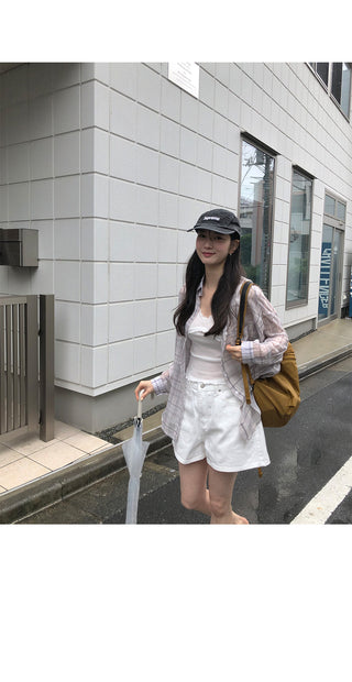[2 colors] See-through check shirt