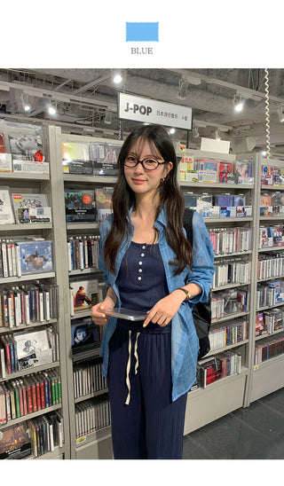 [2 colors] See-through check shirt