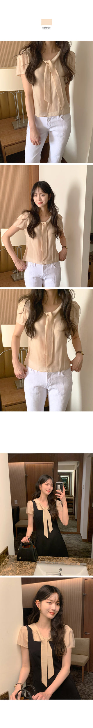 Short-sleeved blouse with tie