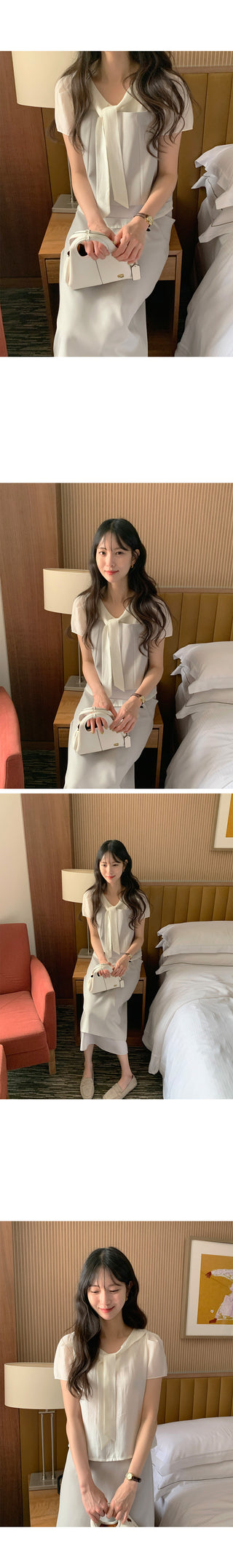 Short-sleeved blouse with tie