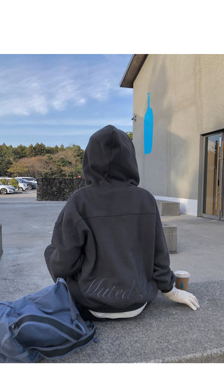 (2 colors) Fleece-lined hooded zip-up jacket with lettering