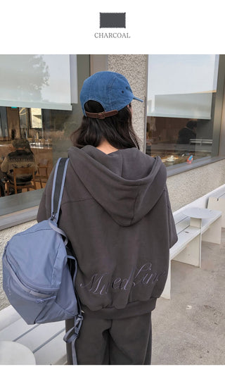 (2 colors) Fleece-lined hooded zip-up jacket with lettering
