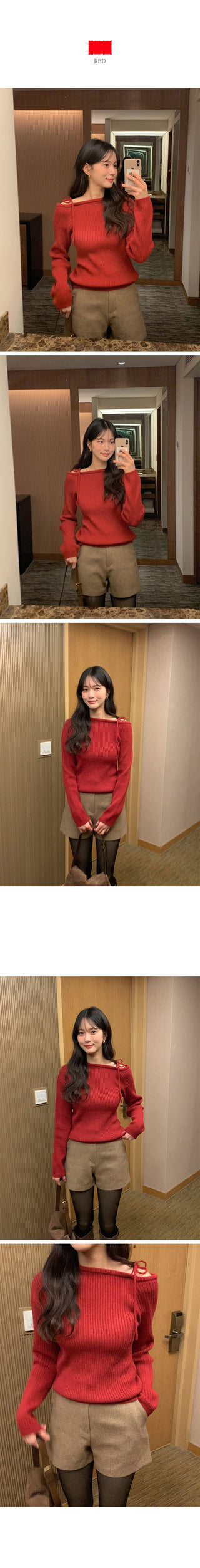 (3 colors) One-shoulder button knit