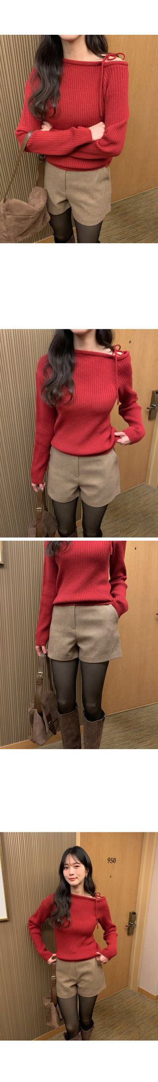 (3 colors) One-shoulder button knit