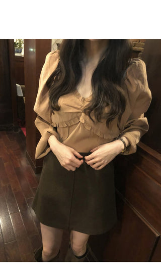 (4 colors) Frilled and pleated blouse