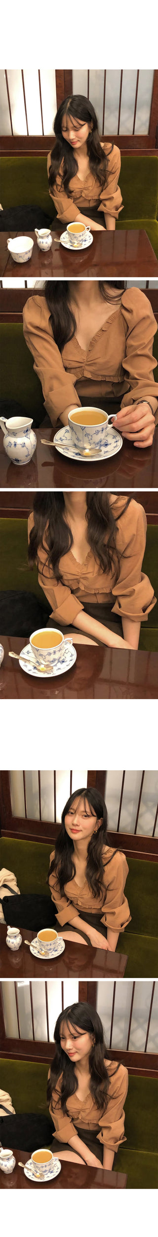 (4 colors) Frilled and pleated blouse