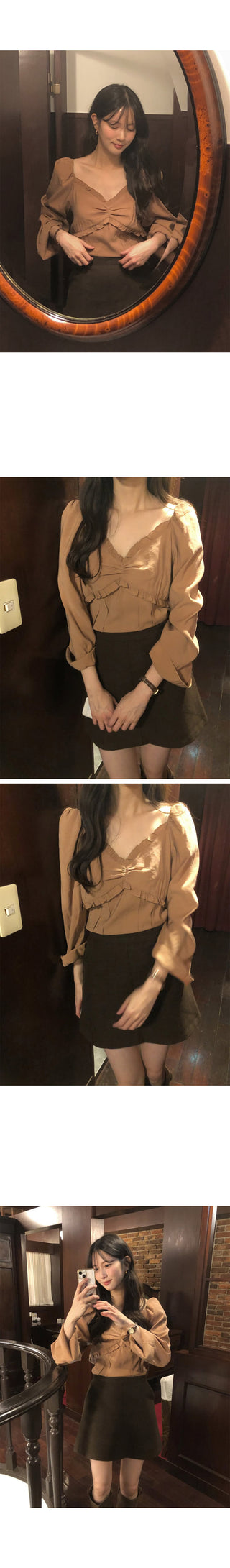 (4 colors) Frilled and pleated blouse