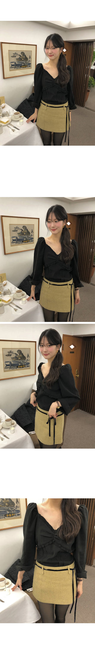 (4 colors) Frilled and pleated blouse