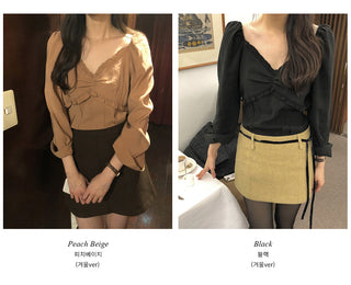 (4 colors) Frilled and pleated blouse