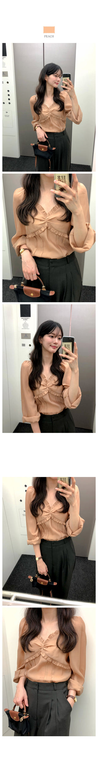 (4 colors) Frilled and pleated blouse