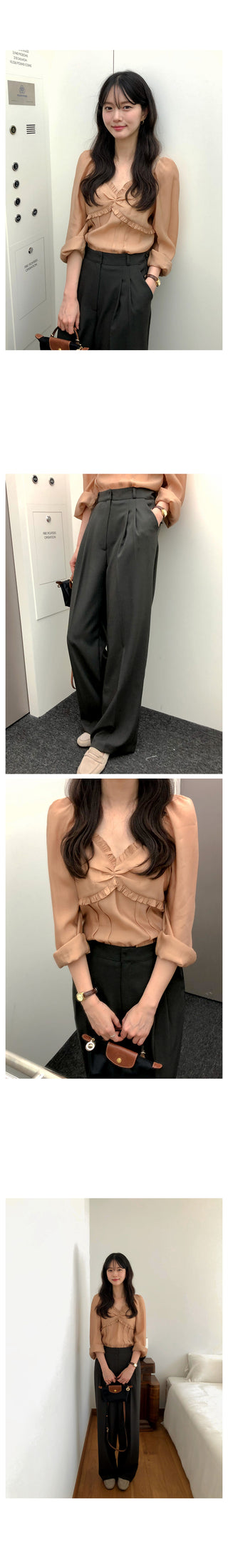 (4 colors) Frilled and pleated blouse