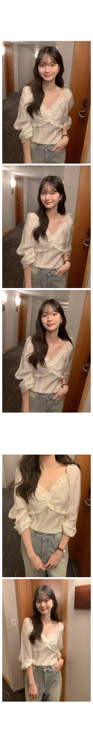 (4 colors) Frilled and pleated blouse