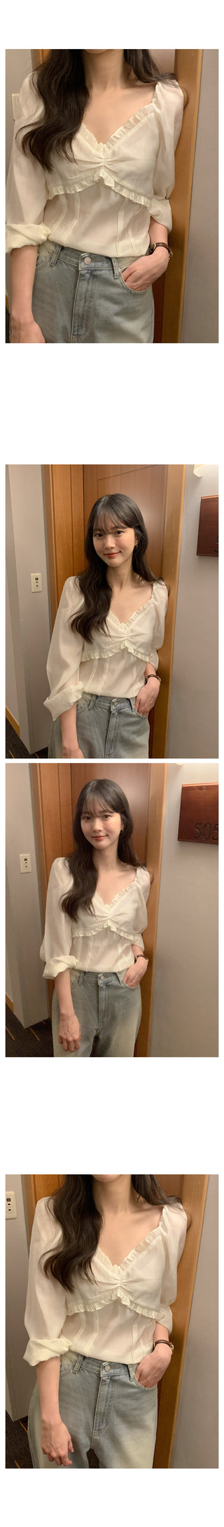 (4 colors) Frilled and pleated blouse