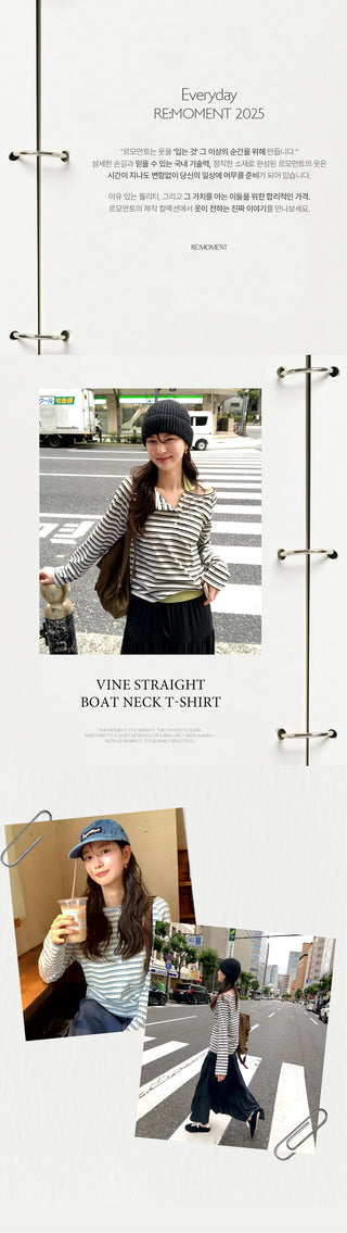 (2 colors) Striped Boat Neck T-Shirt