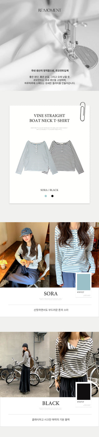 (2 colors) Striped Boat Neck T-Shirt