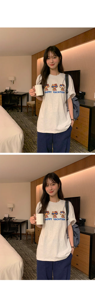 [2 colors] Loose-fitting printed T-shirt