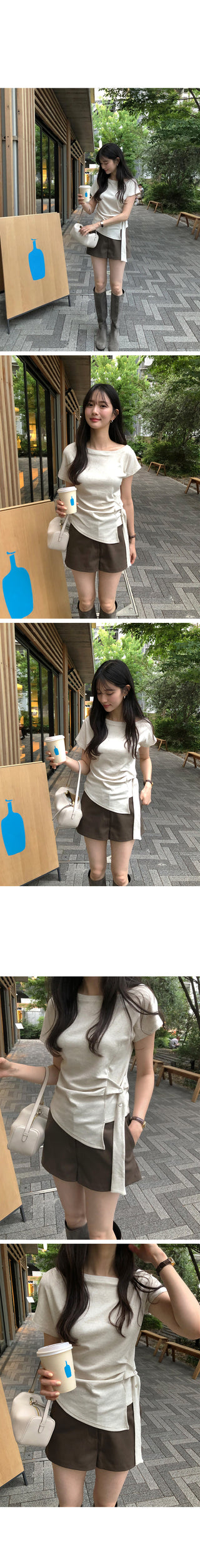 [2 colors] Loose-fitting check off-shoulder shirred puff sleeve blouse