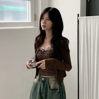 (Set) Lace Flower Sleeveless Top & Ribbed Cardigan