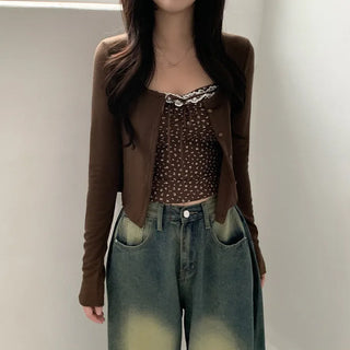 (Set) Lace Flower Sleeveless Top & Ribbed Cardigan