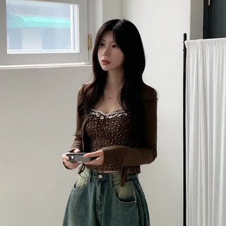 (Set) Lace Flower Sleeveless Top & Ribbed Cardigan