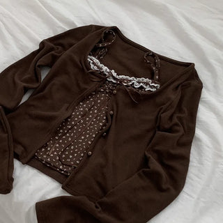 (Set) Lace Flower Sleeveless Top & Ribbed Cardigan