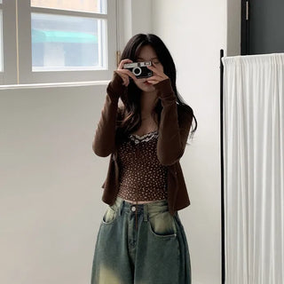 (Set) Lace Flower Sleeveless Top & Ribbed Cardigan