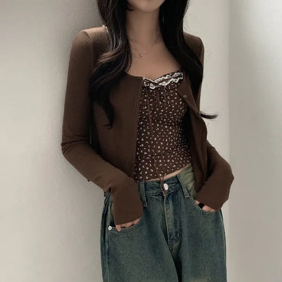 (Set) Lace Flower Sleeveless Top & Ribbed Cardigan