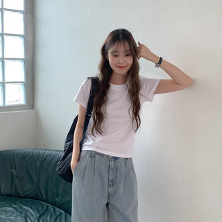 Cotton cropped round short-sleeve T-shirt