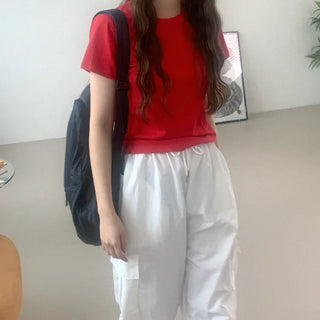 Cotton cropped round short-sleeve T-shirt