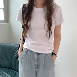 Cotton cropped round short-sleeve T-shirt
