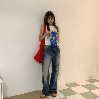 Distressed wide-leg denim pants