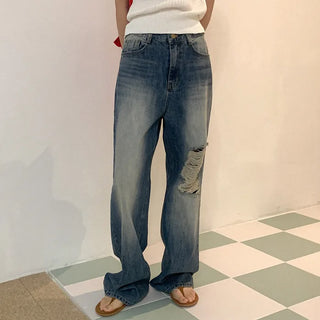 Distressed wide-leg denim pants