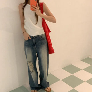 Distressed wide-leg denim pants