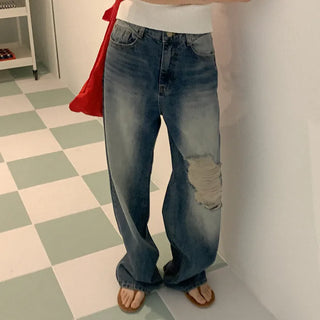 Distressed wide-leg denim pants
