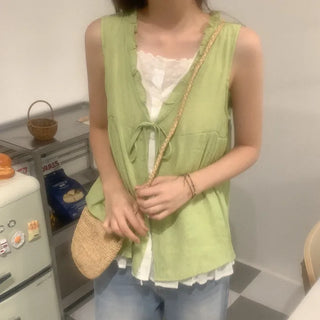 Cotton layered ribbon sleeveless top
