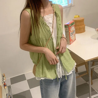 Cotton layered ribbon sleeveless top