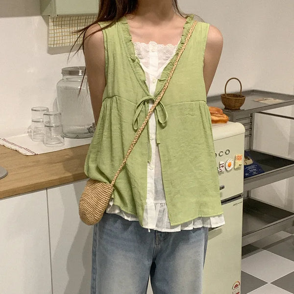 Cotton layered ribbon sleeveless top