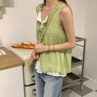 Cotton layered ribbon sleeveless top