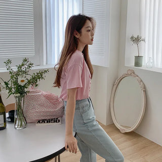 Round neck cotton lettering short-sleeved T-shirt