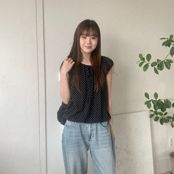 Dot Shirring Ribbon Sleeveless