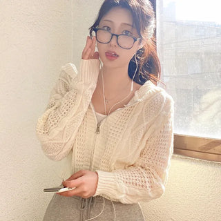 Knitted Hoodie Long Sleeve Cropped Pink Puff Twist Cardigan