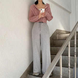 Knitted Hoodie Long Sleeve Cropped Pink Puff Twist Cardigan