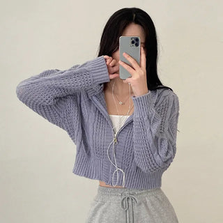 Knitted Hoodie Long Sleeve Cropped Pink Puff Twist Cardigan